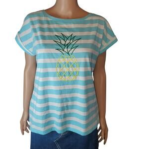 Talbots Embroidered Pineapple Stripe Tee Blue White Cotton Boxy Top M Summer